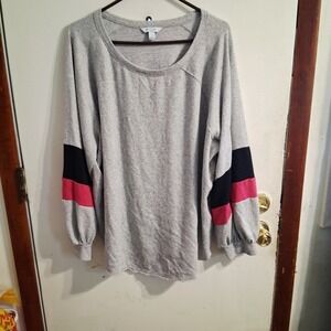 Ladies Plus Raglan Knit Tee Heather Gray Black Magenta Forearm Stripes 2x VGUC